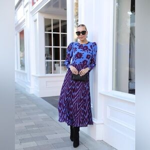 ANN TAYLOR Petite Floral Ikat Pleated Flare Dress In Plum Rose 0P